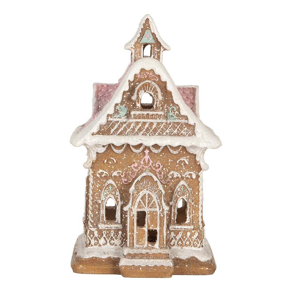 Clayre & Eef | Decoratie Huis met LED Bruin Roze 9x10x15 cm | 6PR5843