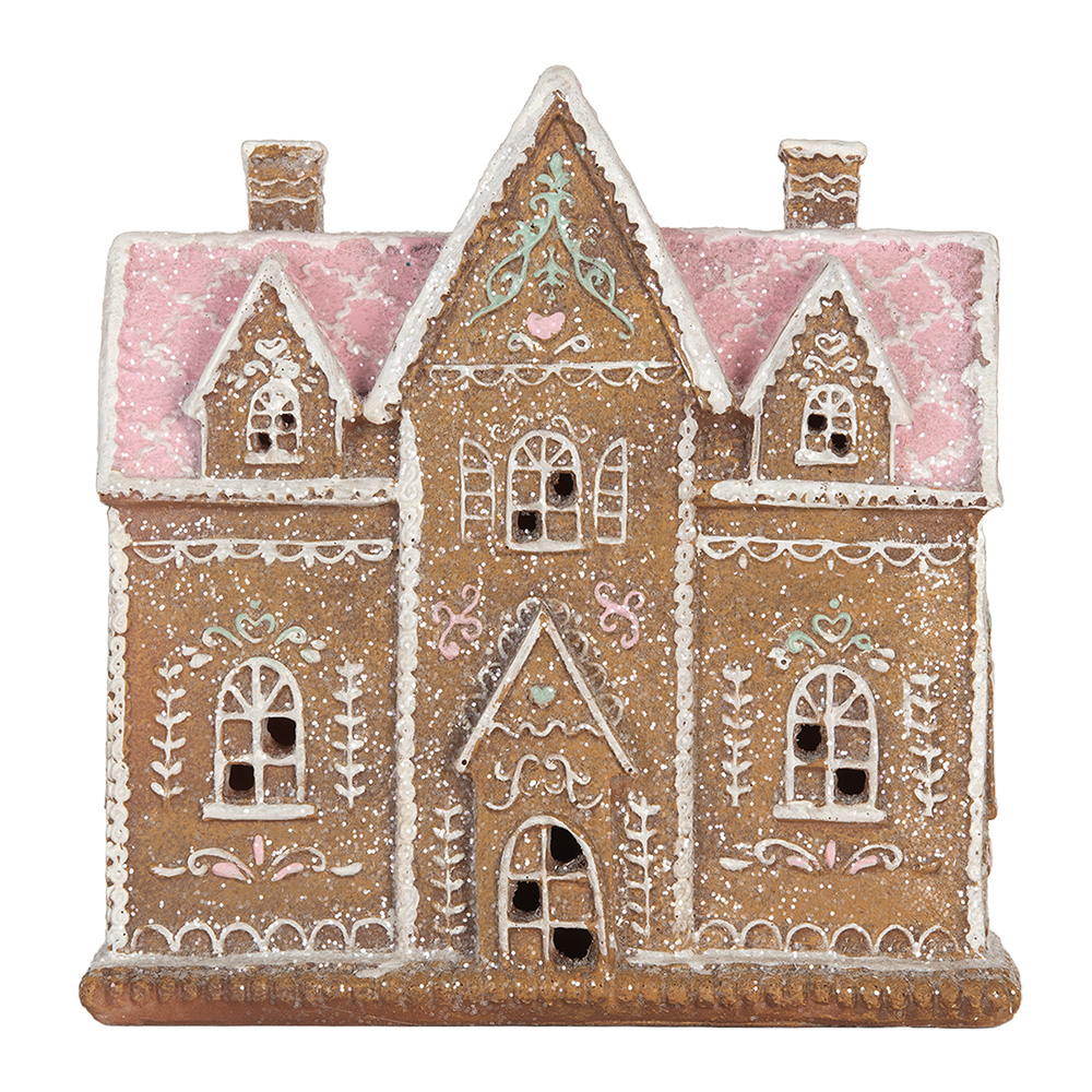 Clayre & Eef | Decoratie Huis met LED Bruin Roze 21x8x20 cm | 6PR5857