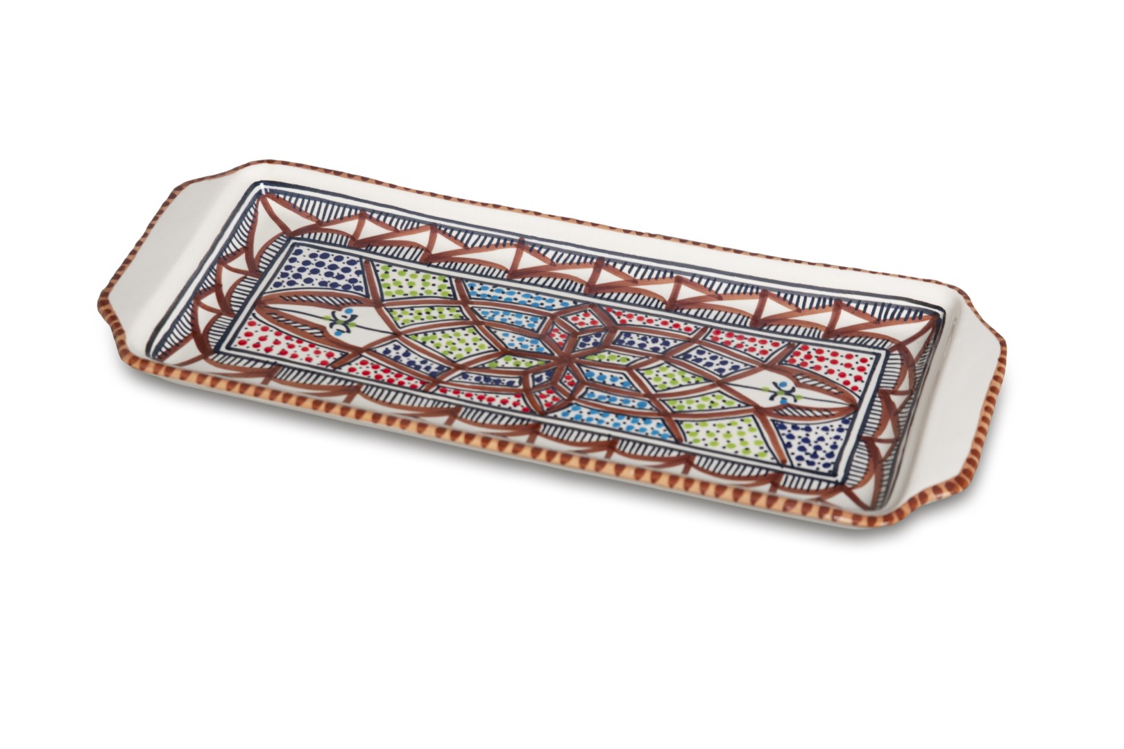 Handgemaakte Keramieken Serveerschaal 35x14 cm – Kleurrijk Design in Bruin Rood, Groen & Blauw