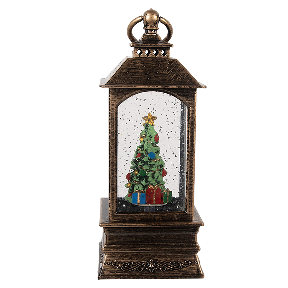 Clayre & Eef | Kerstdecoratie Lantaarn met Kerstboom Bruin 8x8x20 cm / 3xAAA | 66408