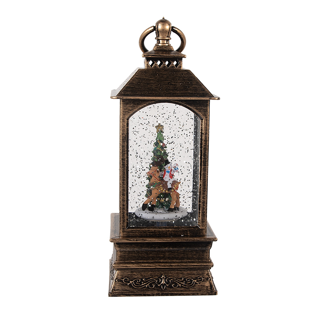 Clayre & Eef | Kerstdecoratie Lantaarn met Kerstboom Bruin 8x8x20 cm / 3xAAA | 66409