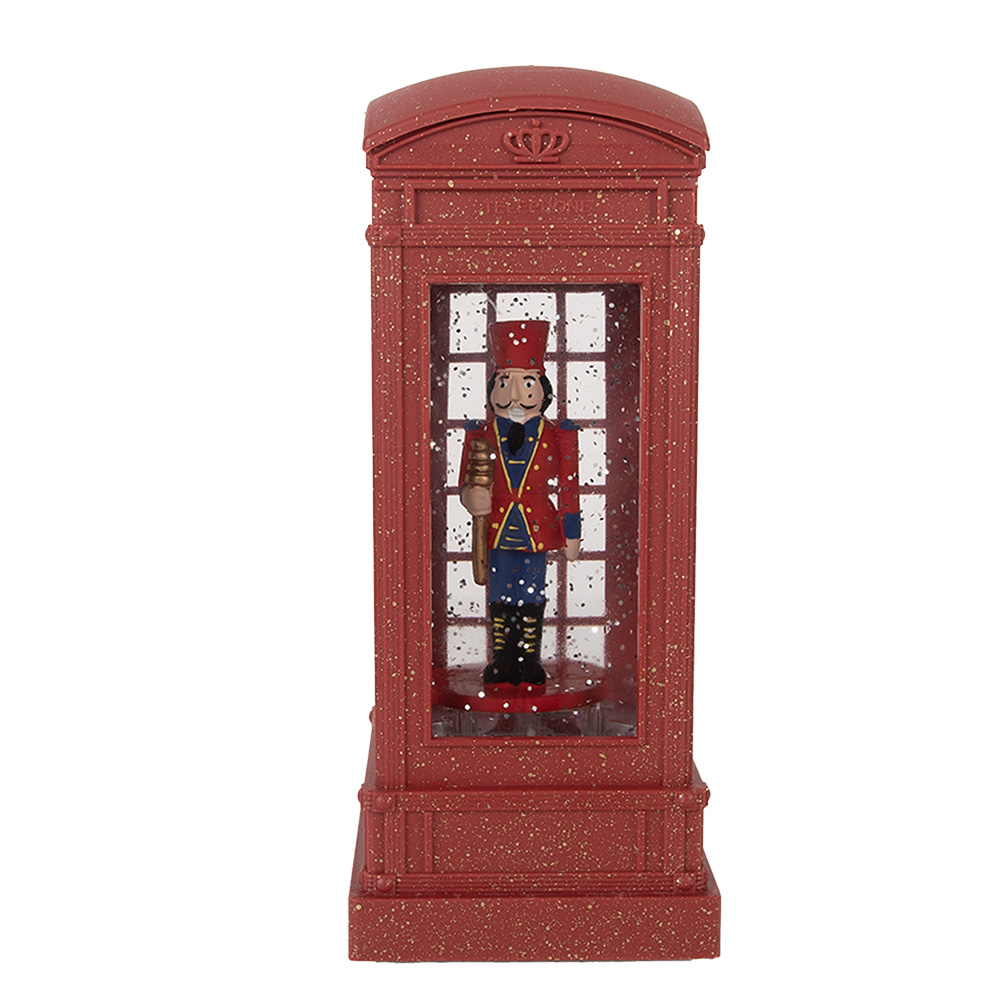 Clayre & Eef | Kerstdecoratie telefooncel met Notenkraker Rood 9x9x21 cm / 3xAAA | 66412