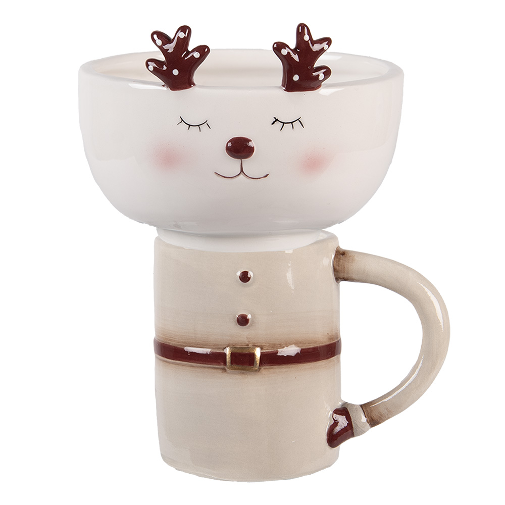 Clayre & Eef | Mok met Kom Beige Wit 12x12x18 cm / 250 ml / 250 ml | 6CE2255