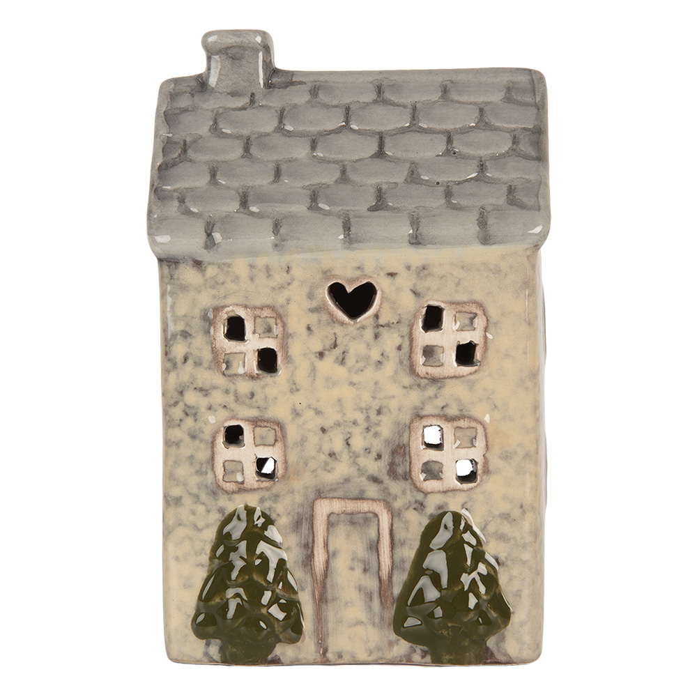 Clayre & Eef | Theelichthouder Kerst Huisje Beige Grijs 9x8x15 cm | 6CE2277