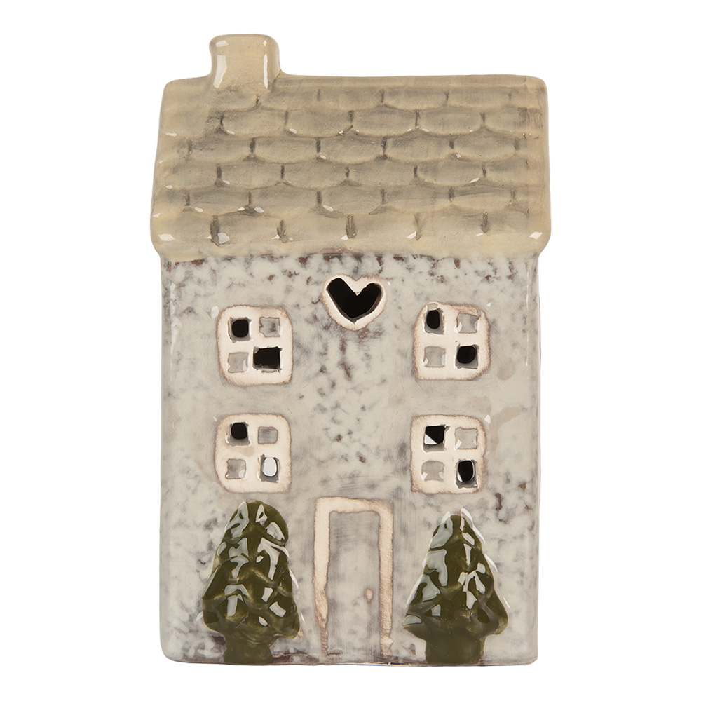 Clayre & Eef | Theelichthouder Kerst Huisje Grijs Beige 9x8x15 cm | 6CE2278