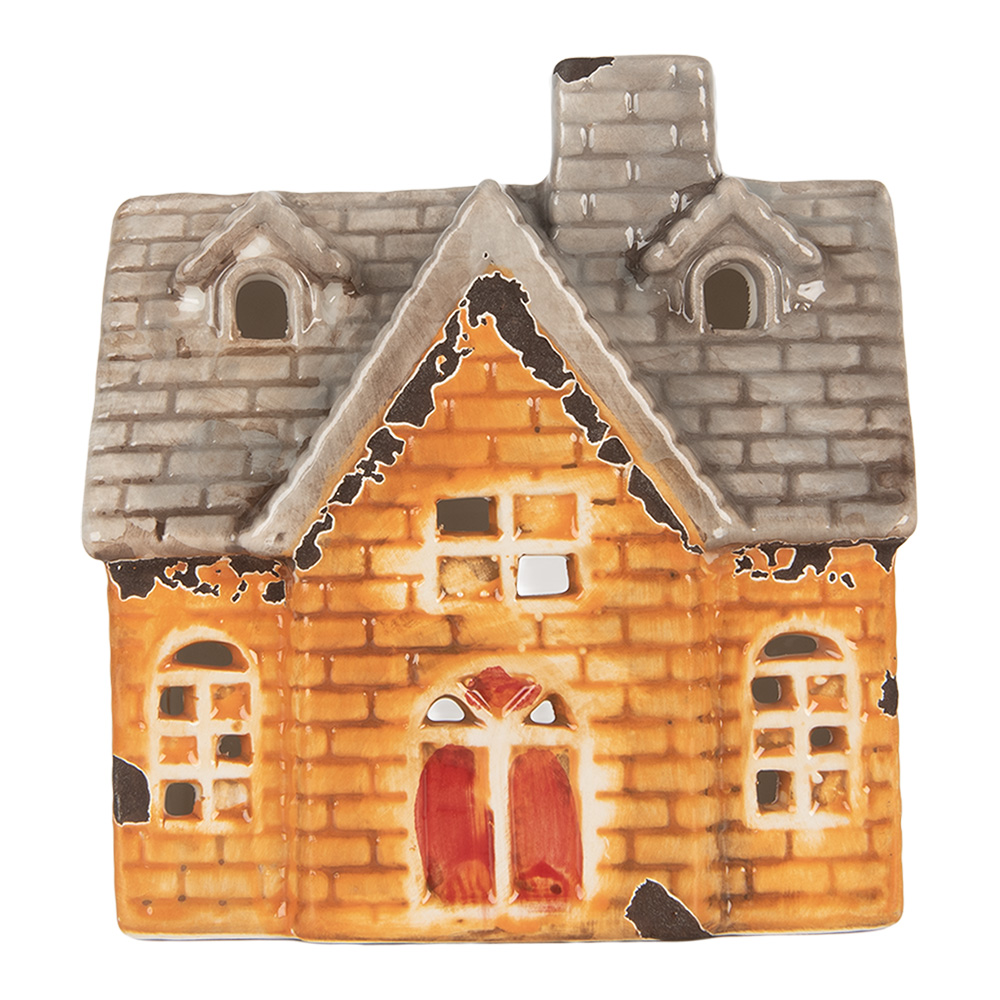 Clayre & Eef | Theelichthouder Kerst Huisje Oranje Beige 13x8x14 cm | 6CE2283