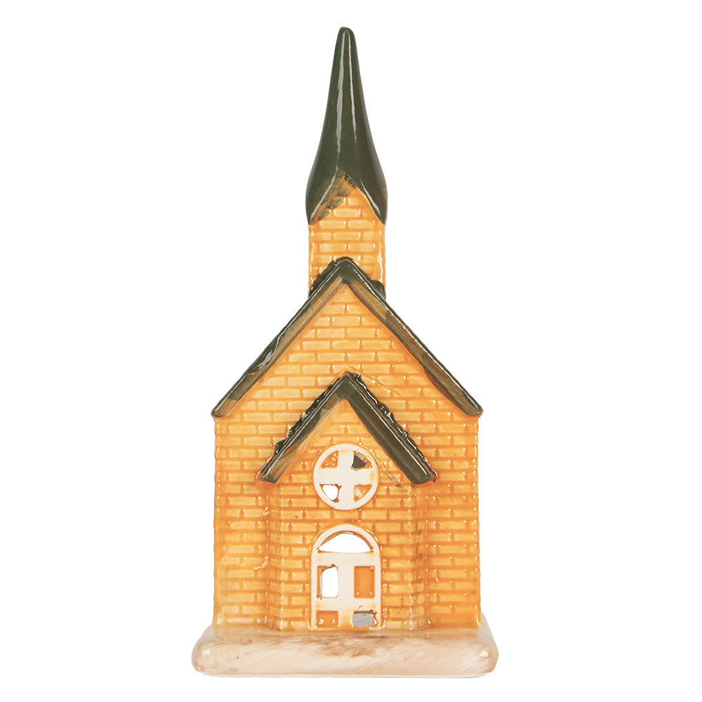 Clayre & Eef | Theelichthouder Kerst Huisje Oranje Groen 9x8x21 cm | 6CE2287