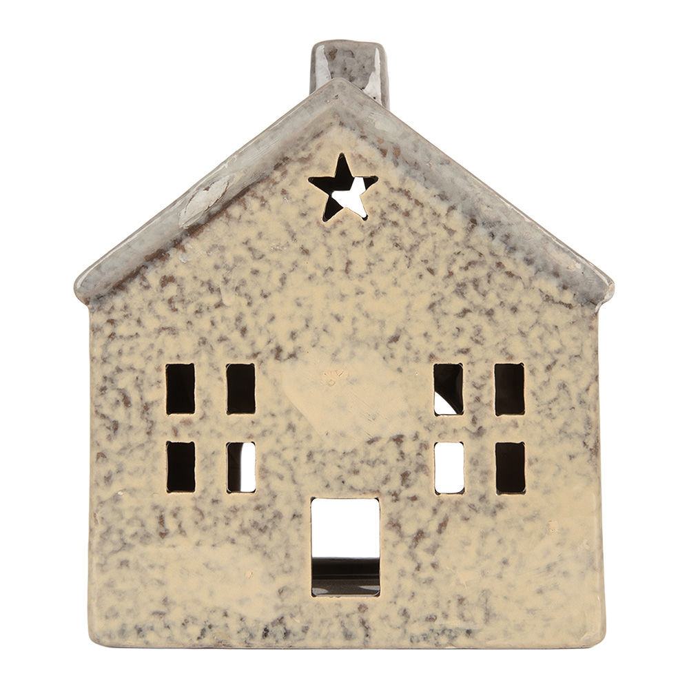 Clayre & Eef | Theelichthouder Kerst Huisje Beige Grijs 13x8x15 cm | 6CE2289