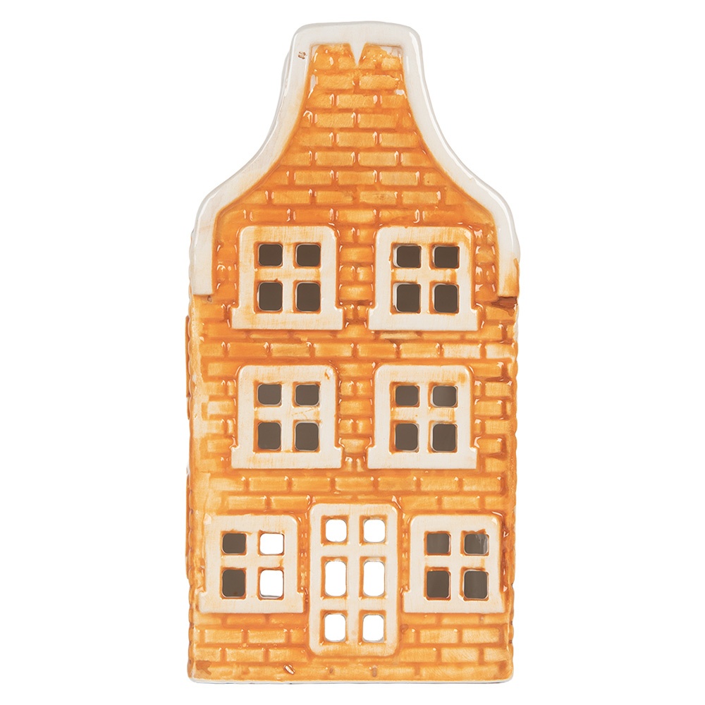 Clayre & Eef | Theelichthouder Kerst Huisje Oranje Rood 9x10x19 cm | 6CE2299