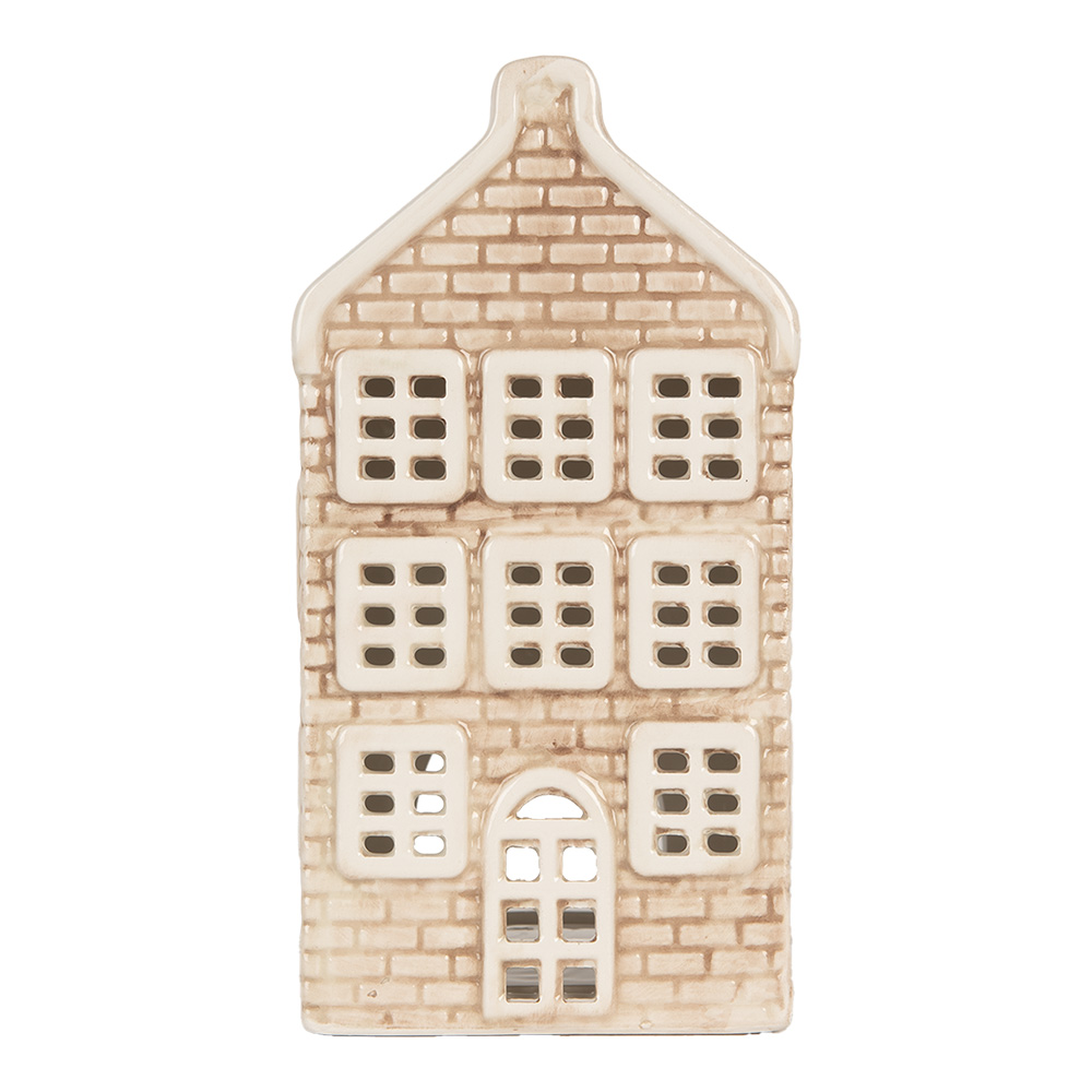 Clayre & Eef | Theelichthouder Kerst Huisje Beige Groen 9x10x19 cm | 6CE2305
