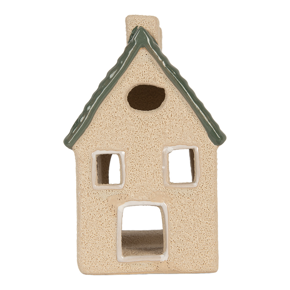 Clayre & Eef | Theelichthouder Kerst Huisje Beige Groen 8x11x14 cm | 6CE2310