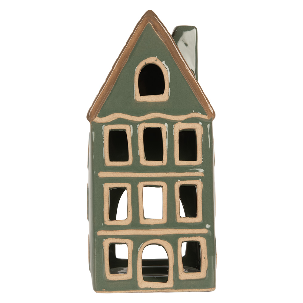 Clayre & Eef | Theelichthouder Kerst Huisje Groen Bruin 9x8x19 cm | 6CE2312