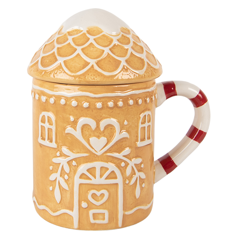 Clayre & Eef | Mok met deksel Bruin Wit 13x10x15 cm / 350 ml | 6CEMU0213