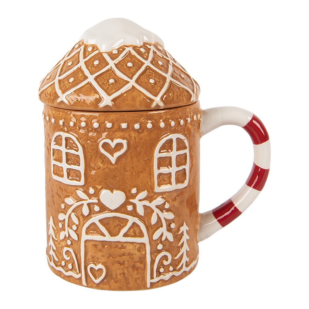 Clayre & Eef | Mok met deksel Bruin Wit 14x10x15 cm / 450 ml | 6CEMU0214