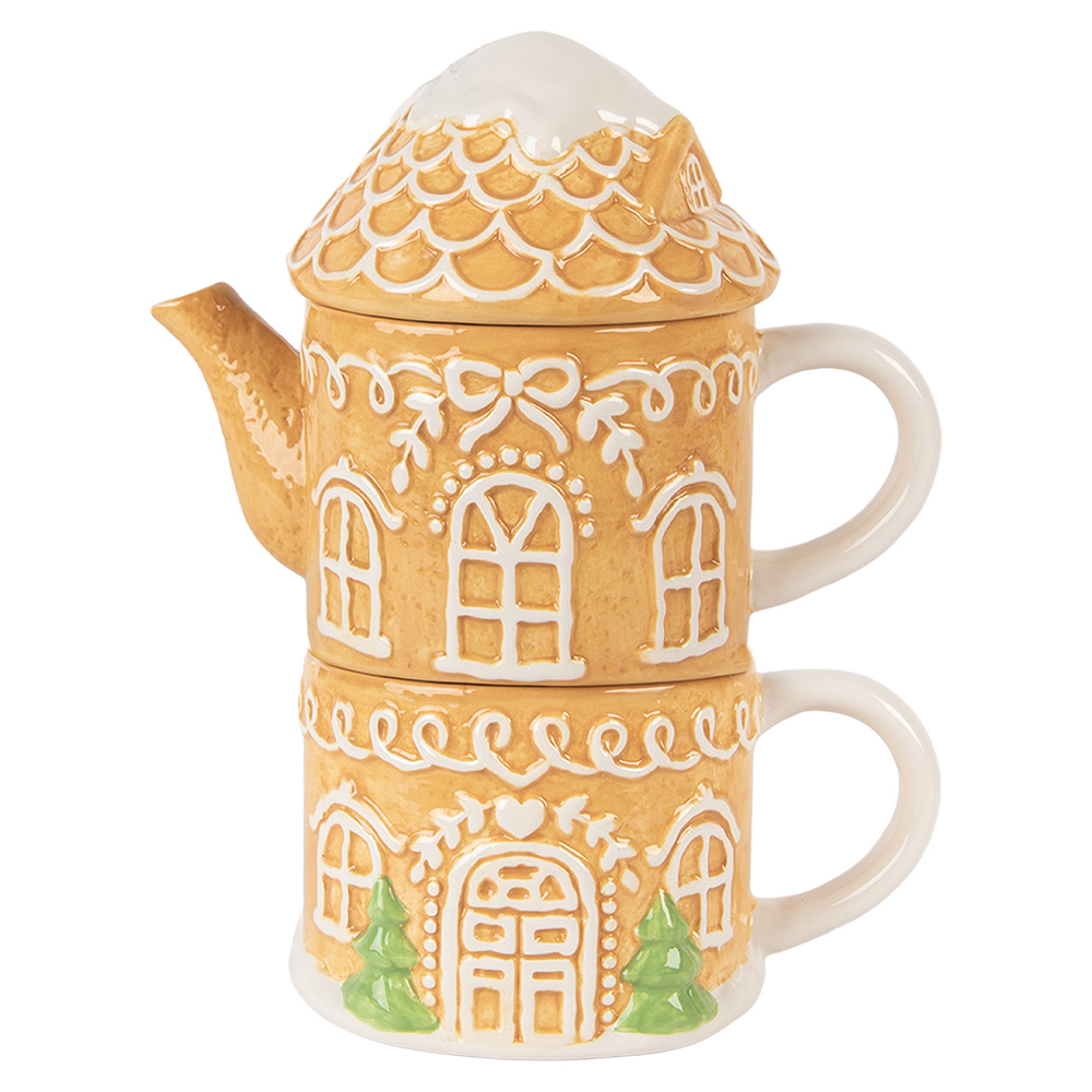 Clayre & Eef | Theepot met Mok Bruin Wit 19x12x23 cm / 550 ml / 450 ml | 6CETE0213