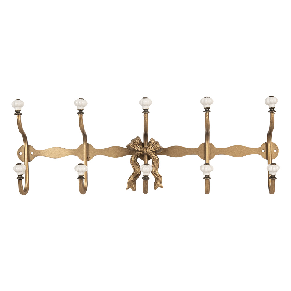 Clayre & Eef | Wandkapstok 5 haken Goudkleurig Wit 50x7x17 cm | 6Y5956