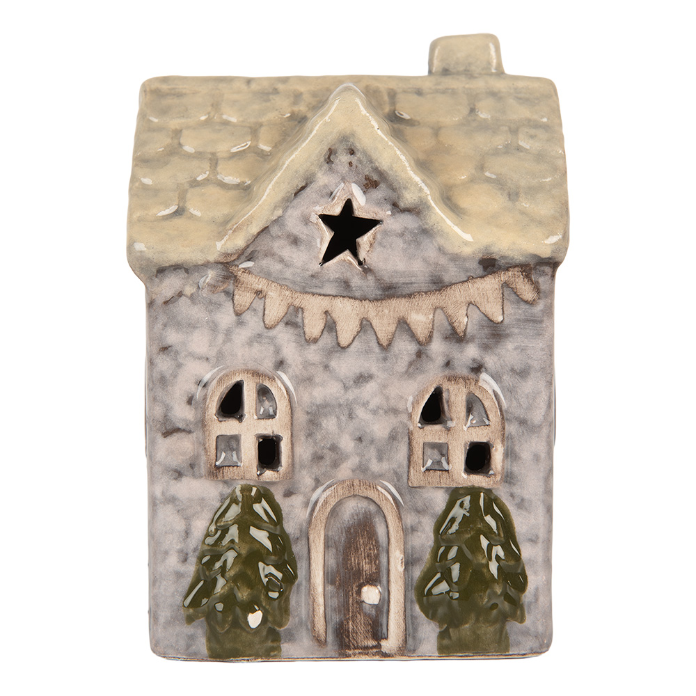 Clayre & Eef | Decoratie Huisje met LED Grijs Beige 6x6x10 cm | 6CE2275