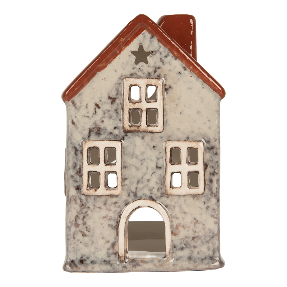 Clayre & Eef | Theelichthouder Kerst Huisje Grijs Rood 8x7x13 cm | 6CE2284