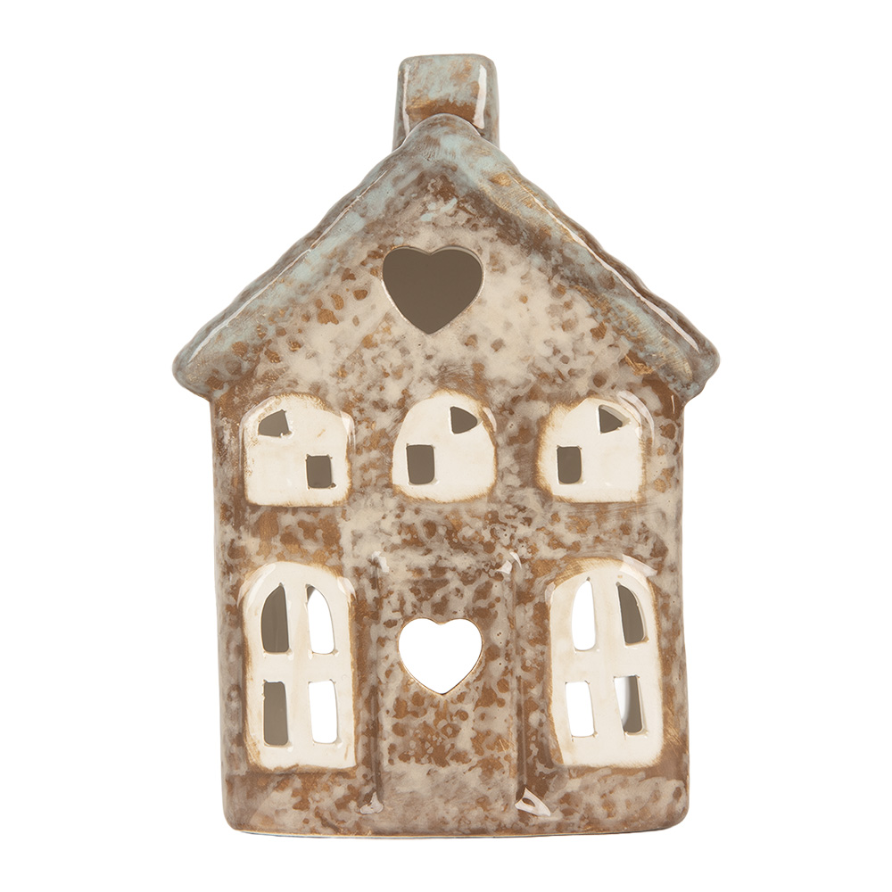 Clayre & Eef | Theelichthouder Kerst Huisje Beige Groen 9x6x13 cm | 6CE2291