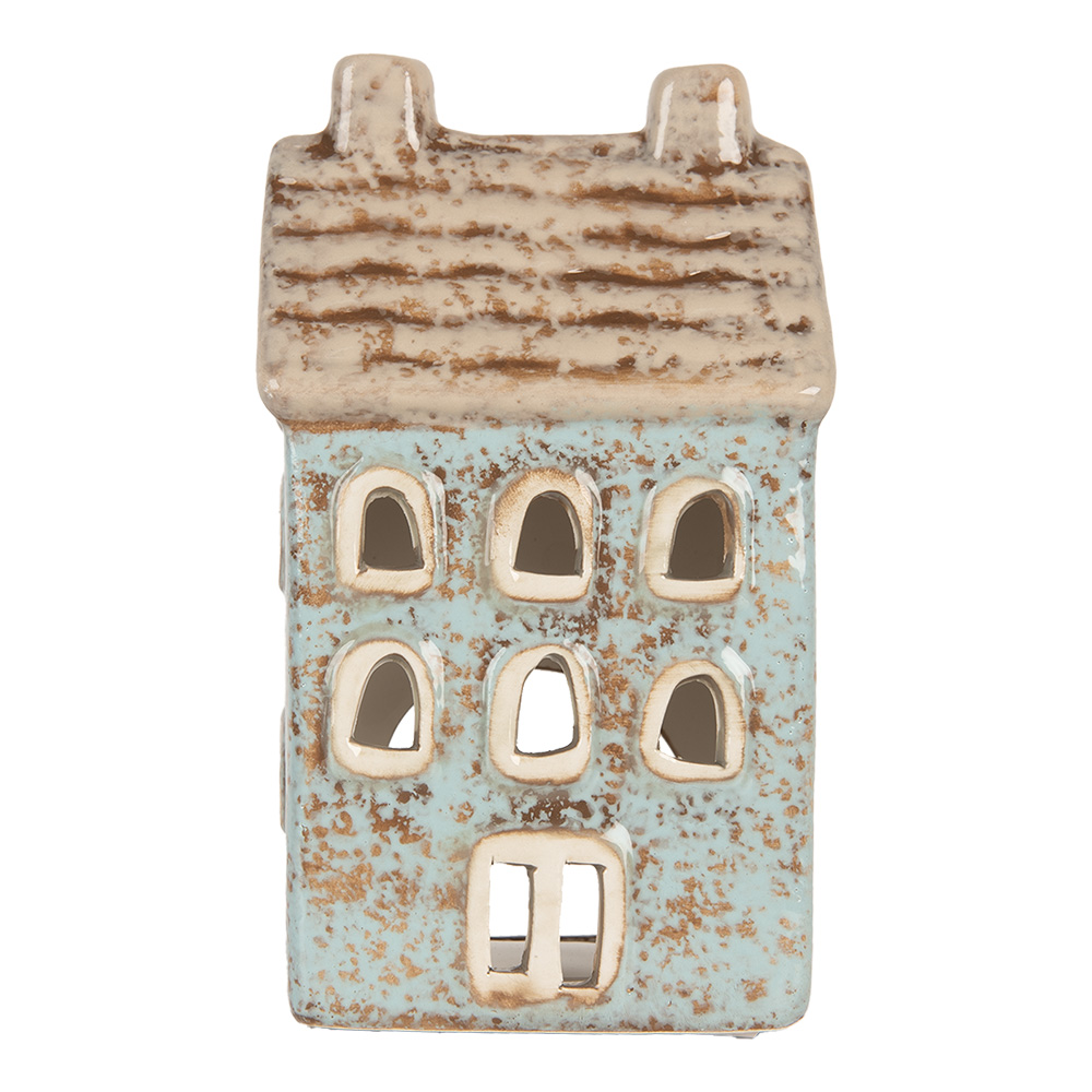 Clayre & Eef | Theelichthouder Kerst Huisje Blauw Beige 8x7x15 cm | 6CE2293