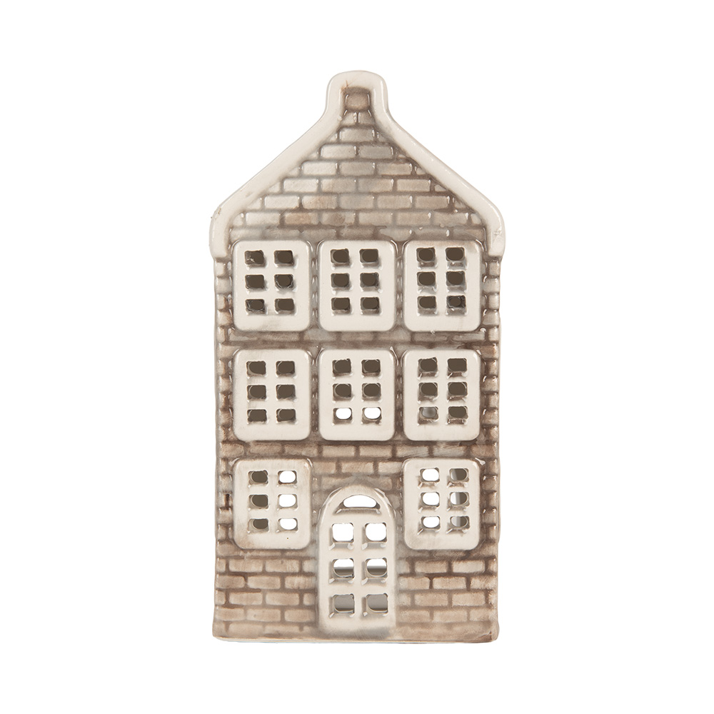 Clayre & Eef | Theelichthouder Kerst Huisje Grijs Oranje 7x7x14 cm | 6CE2304
