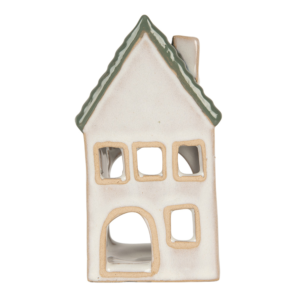 Clayre & Eef | Theelichthouder Kerst Huisje Grijs Groen 7x7x13 cm | 6CE2308