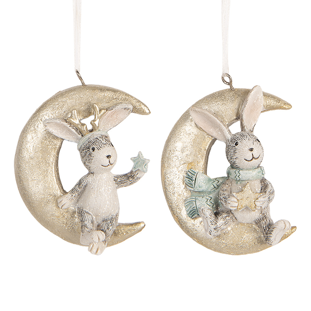 Clayre & Eef | Decoratie Hanger Konijnen (set 2) Grijs Goudkleurig 7x3x8 cm | 6PR5890