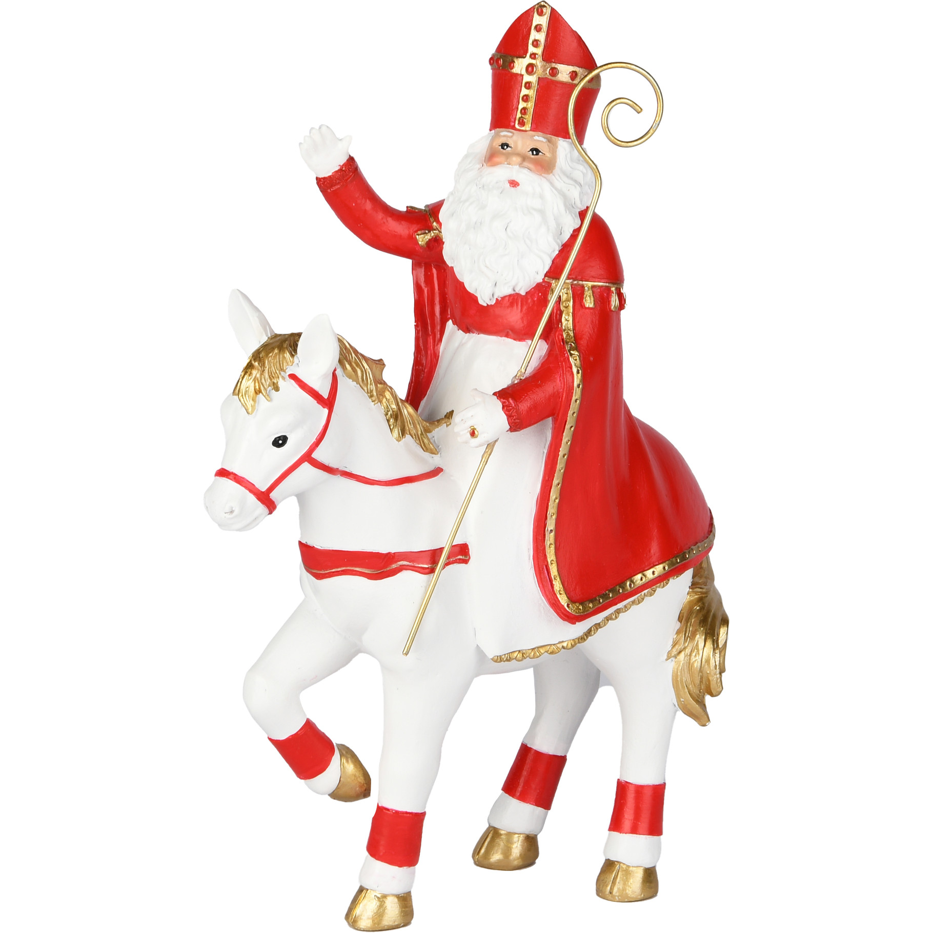 Dekoratief | Sint op paard, rood/wit, resina, 16x10x24cm | A255068