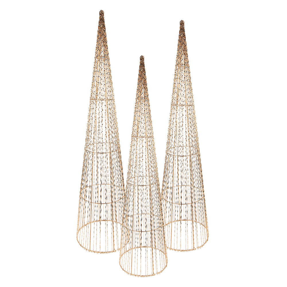 Clayre & Eef | Decoratie kegel met LED (set van 3) Goudkleurig ø 20x80/16x60/11x40 cm / 7xAA | 50828