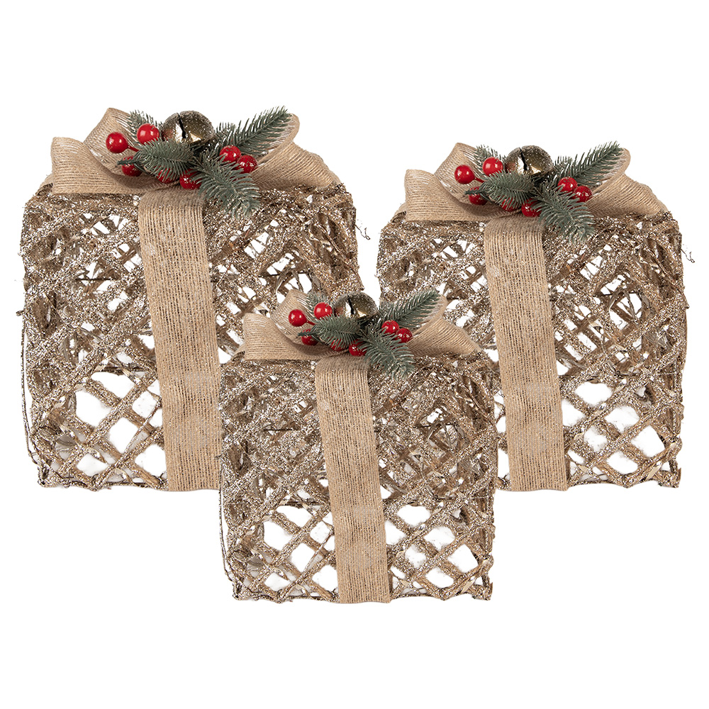 Clayre & Eef | Decoratie cadeau met LED set van 3 Goudkleurig 25x25x30 / 20x20x24 / 15x15x17 cm / 6xAA | 66308