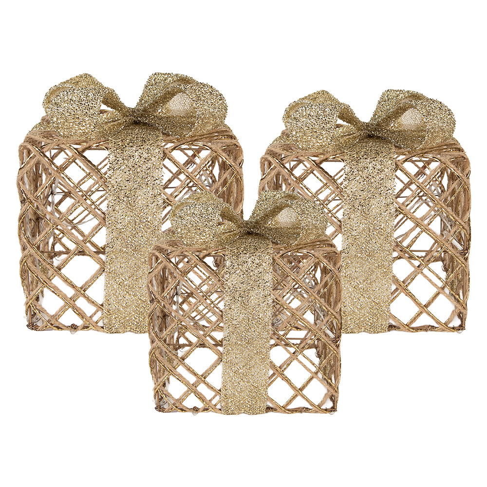 Clayre & Eef | Decoratie cadeau met LED set van 3 Goudkleurig 25x25x30 / 20x20x24 / 15x15x17 cm / 6xAA | 66311