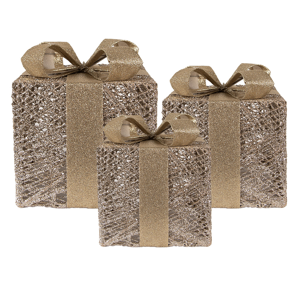 Clayre & Eef | Decoratie cadeau met LED set van 3 Goudkleurig 25x25x30 / 20x20x24 / 15x15x17 cm / 6xAA | 66312