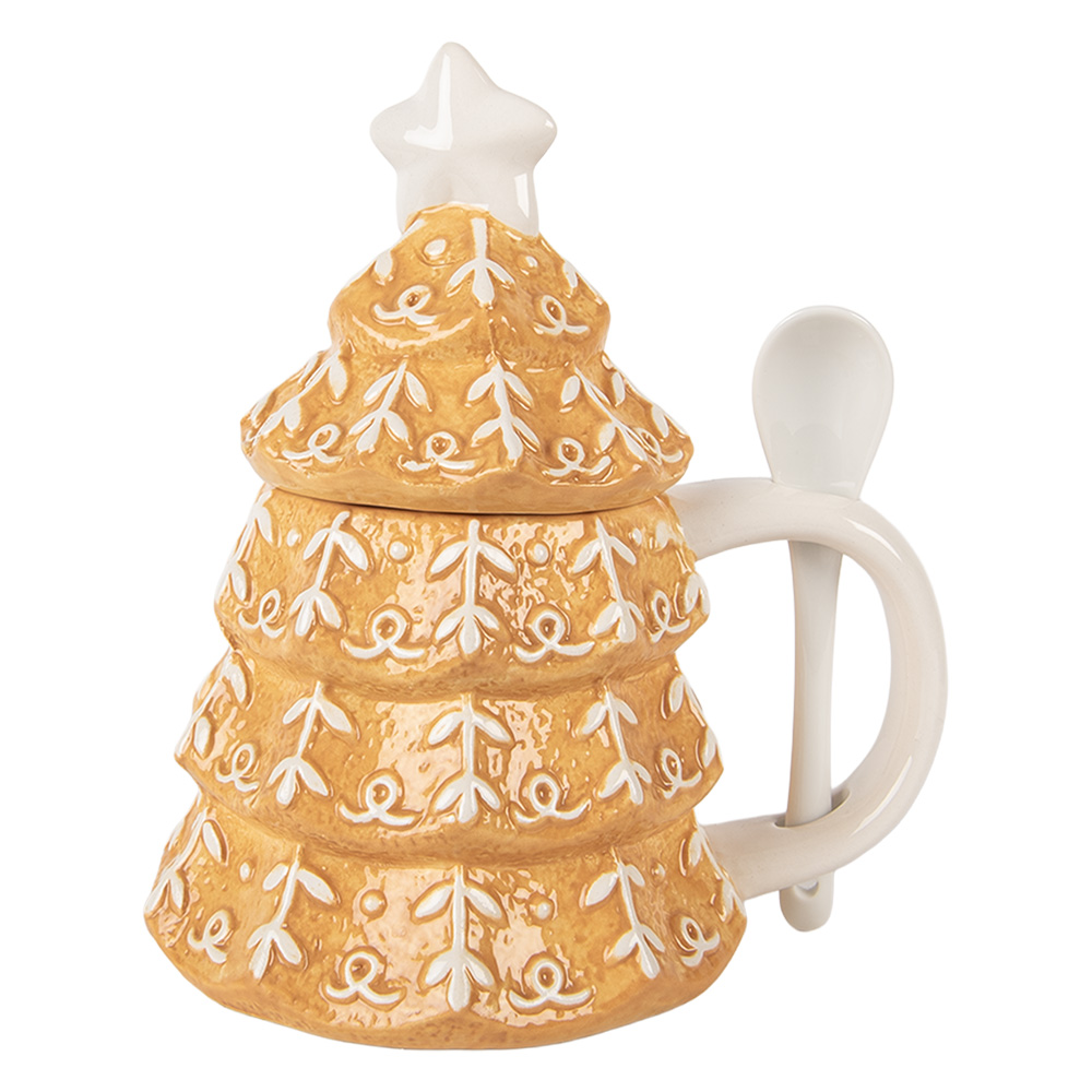 Clayre & Eef | Mok met deksel en lepel Bruin Wit 16x12x18 cm / 350 ml | 6CEMU0212