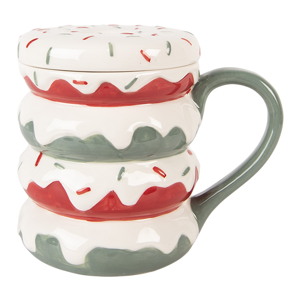 Clayre & Eef | Mok met Deksel Wit Groen 15x10x12 cm / 450 ml | 6CEMU0228