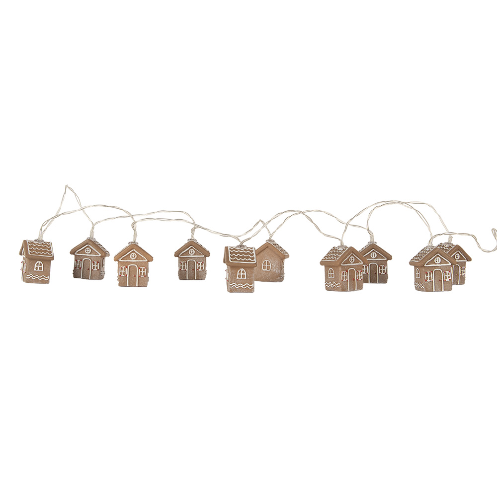 Clayre & Eef | Decoratie lichtsnoer huisjes 10 lampjes LED Bruin Wit 150 cm / 2xAA | 6LMP817