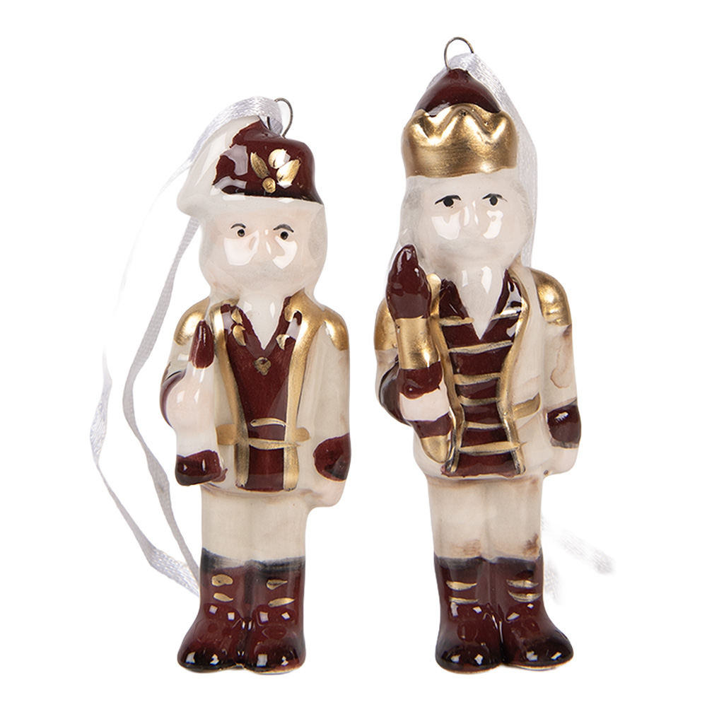 Clayre & Eef | Decoratie Hanger set van 2 Notenkraker Beige Rood 3x3x10 cm | 6CE2261