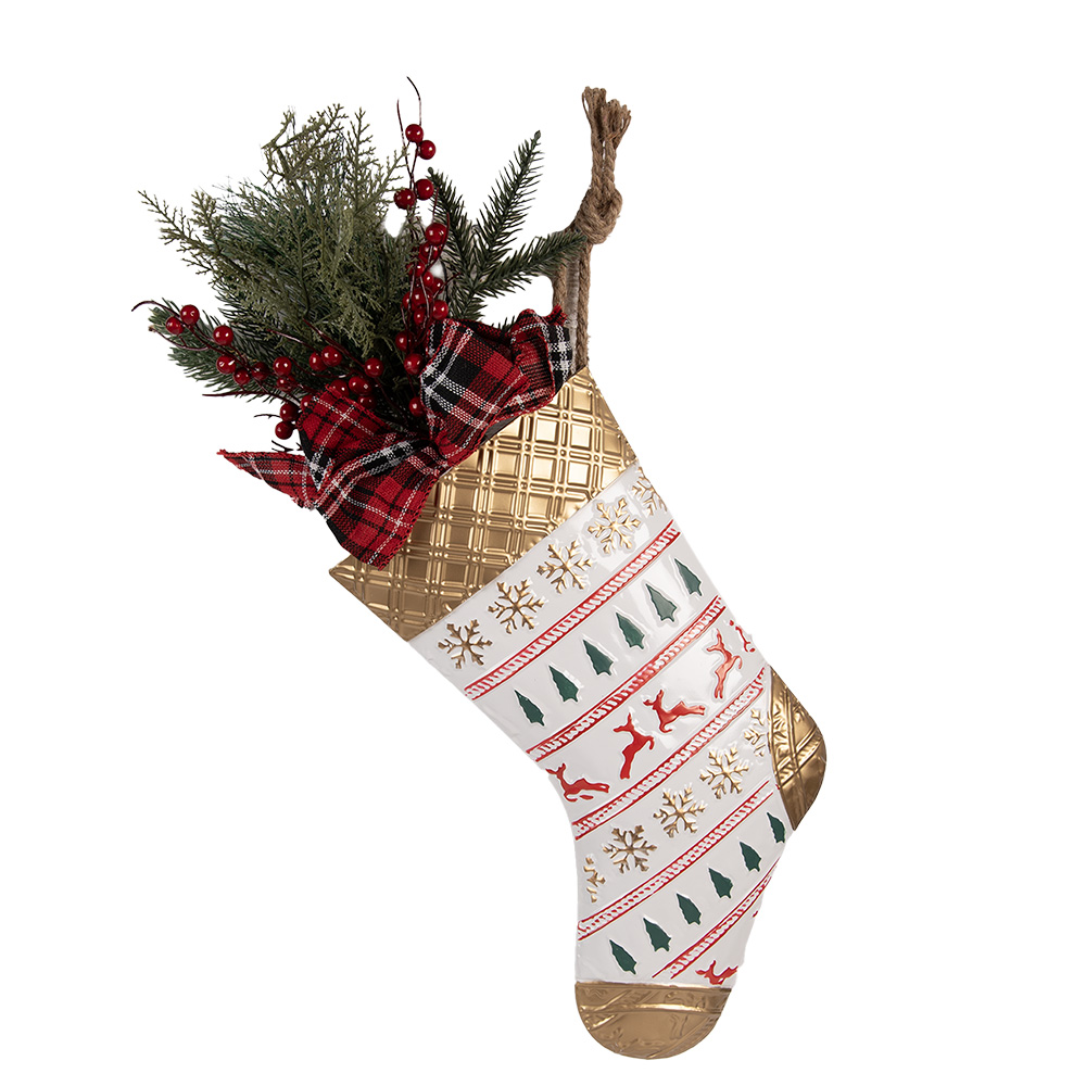 Clayre & Eef | Decoratie Kerstsok Wit Goudkleurig 25x6x62 cm | 5Y1382