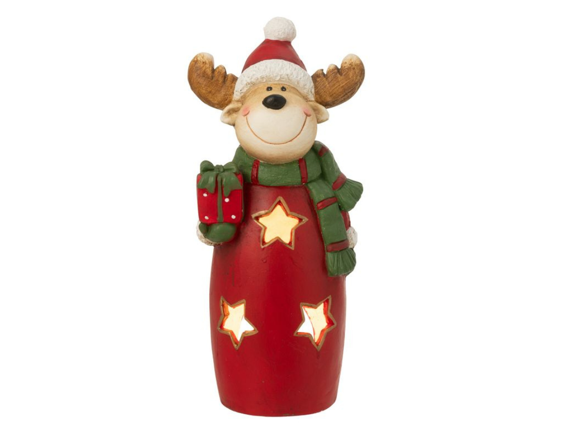 Theelichthouder beeld rendier rood groen sterren sjaal muts 52 cm x 23 cm Polyresine