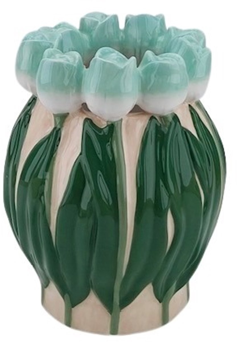 Housevitamin Vaas- Bloemen Vaas met Tulpen rand - dolomiet - Licht Groen- 14x14x18cm