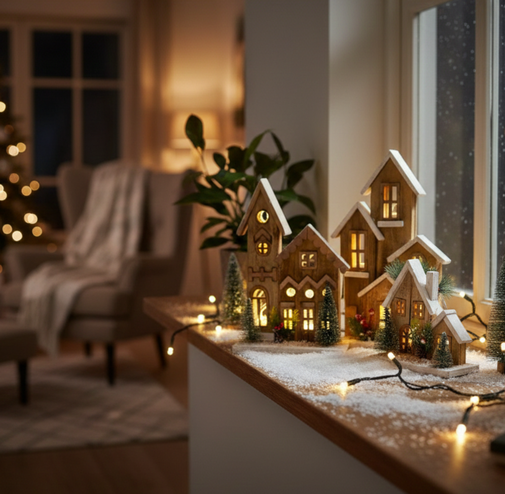 Sfeervol Houten Kersthuisjes tafereel Ensemble (4-in-1) met kerstbomen LED-verlichting | HCM24085 | Staand | Hendriks Deco