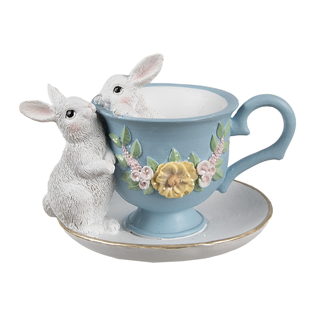 Clayre & Eef | Decoratie Konijnen Wit Blauw 13x16x12 cm | 6PR5178