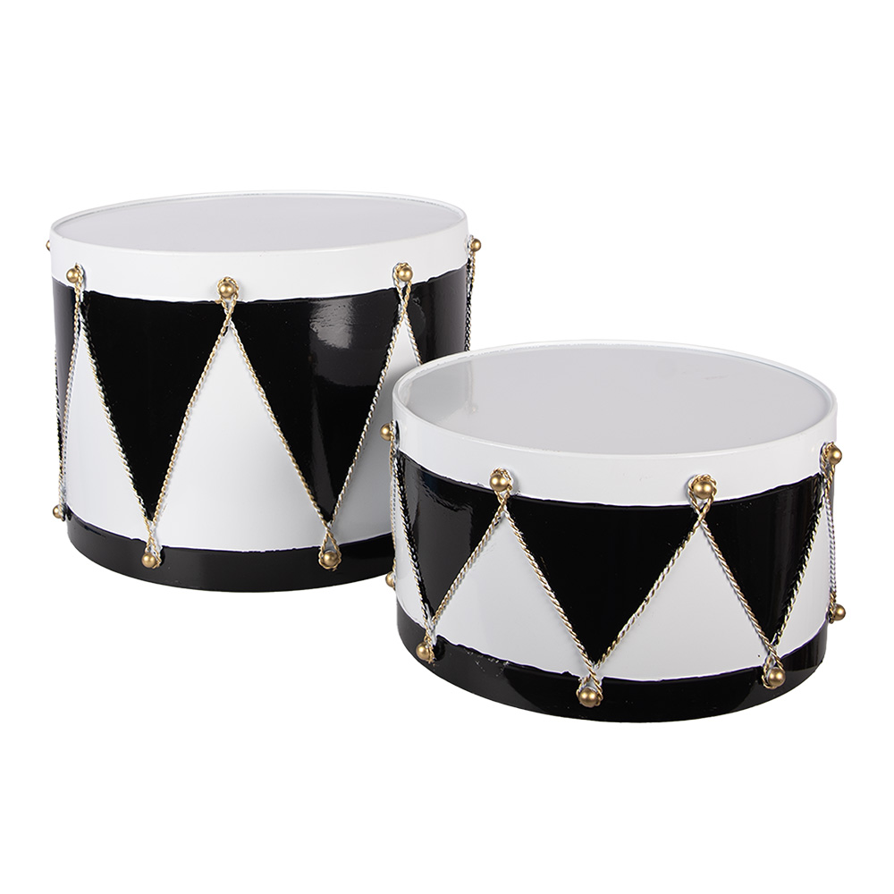 Clayre & Eef | Decoratie Trommel Wit Zwart (set 2) &oslash; 37x26 / &oslash; 32x17 cm | 6Y5989