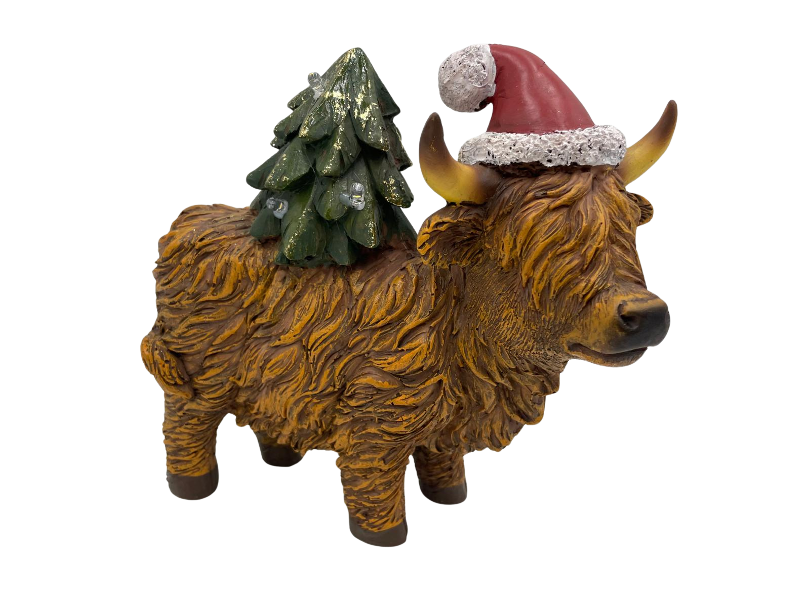 Beeld Hooglander koe figuur kerstdecoratie Polystone kerstmuts met kerstboom met LED 22x11x22cm bruin