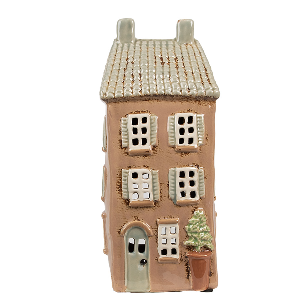 Clayre & Eef | Theelichthouder Kerst Huisje Bruin Beige 12x9x28 cm | 6CE1895