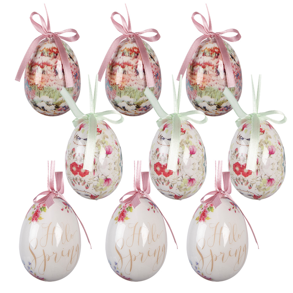 Clayre & Eef | Decoratie Hanger Ei (set 9) Wit Roze &oslash; 5x8 cm | 66445