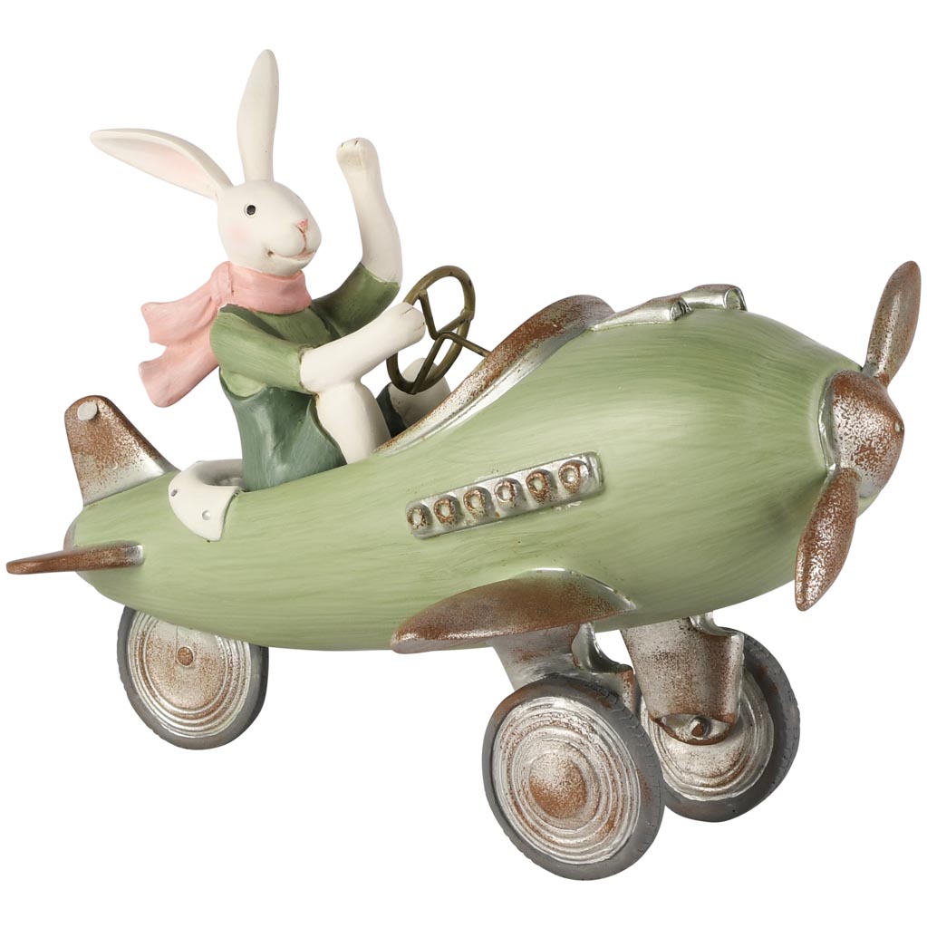 Dekoratief | Bunny in vliegtuig, groen/wit, resina, 24x17x17cm | A260856