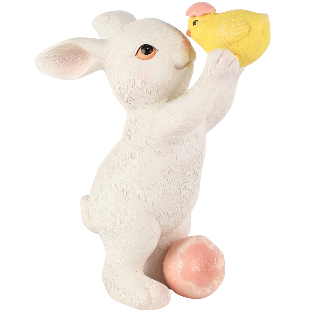 Dekoratief | Bunny staand m/kuikentje, wit/geel, resina, 12x7x16cm | A260850