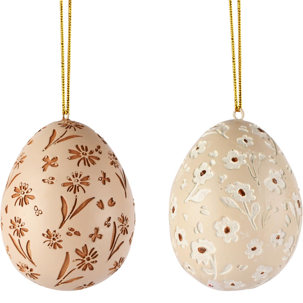 Dekoratief | Hanger eitje m/bloemen, wit/naturel, resina, 6x6x8cm, set van 2 stuks | A260802