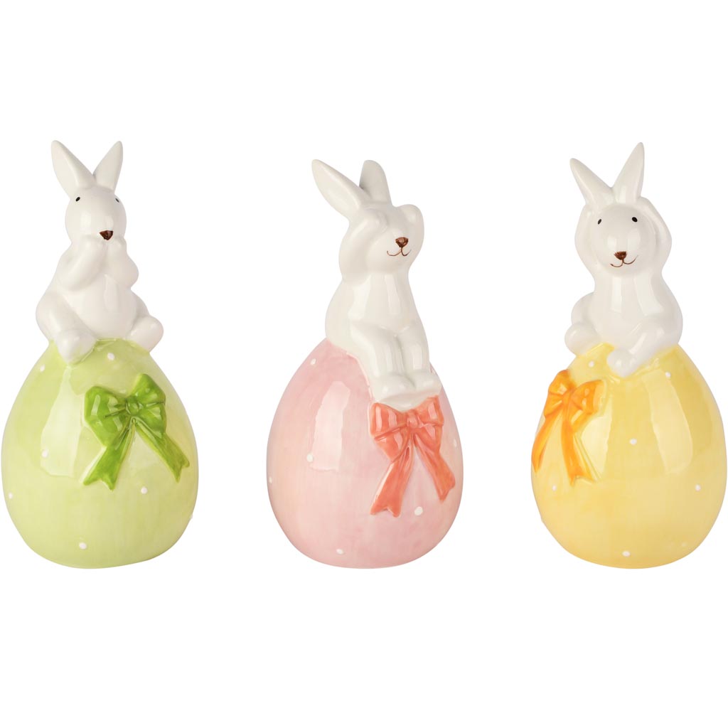 Dekoratief | Bunny op ei horen/zien/zwijgen, dolomiet, 8x7x15cm, set van 3 stuks | A260764