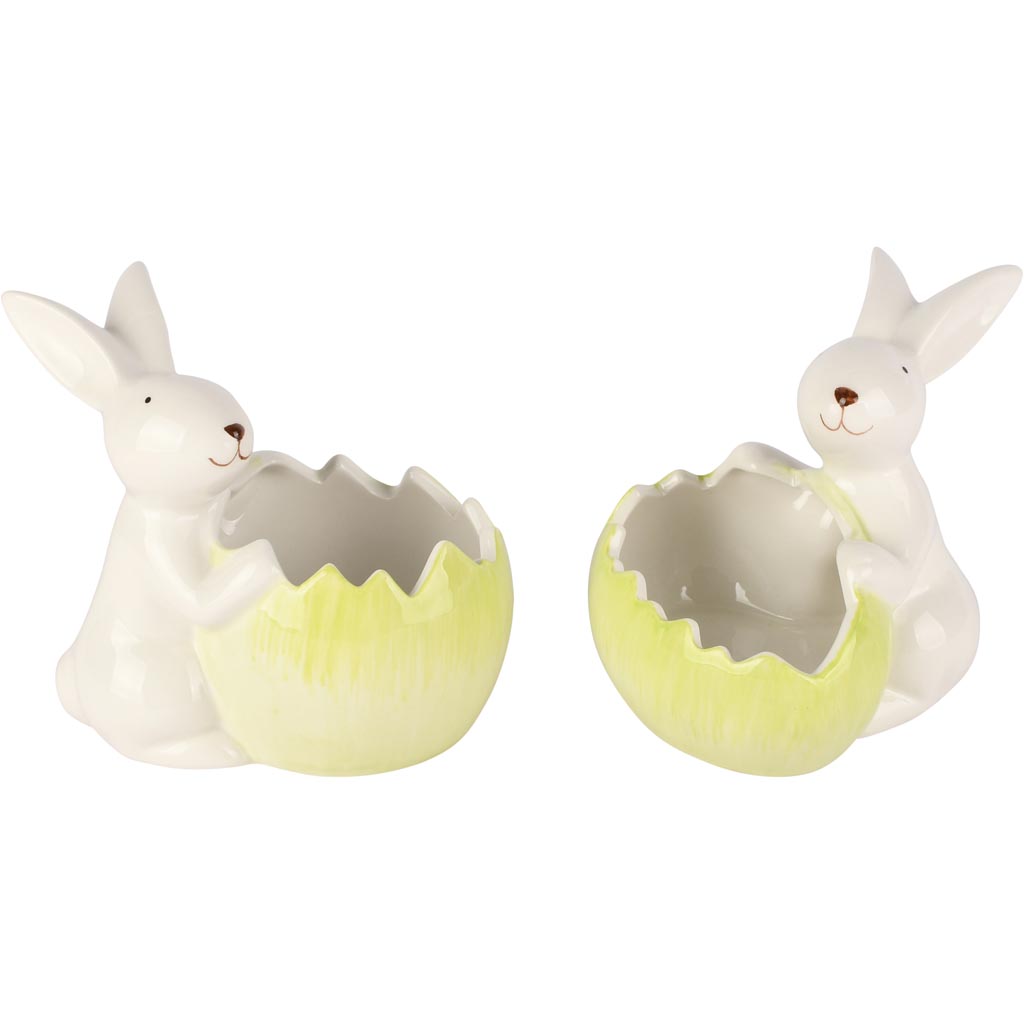 Dekoratief | Bunny m/opvulei, wit/groen, dolomiet, 12x11x11cm, set van 2 stuks | A260757